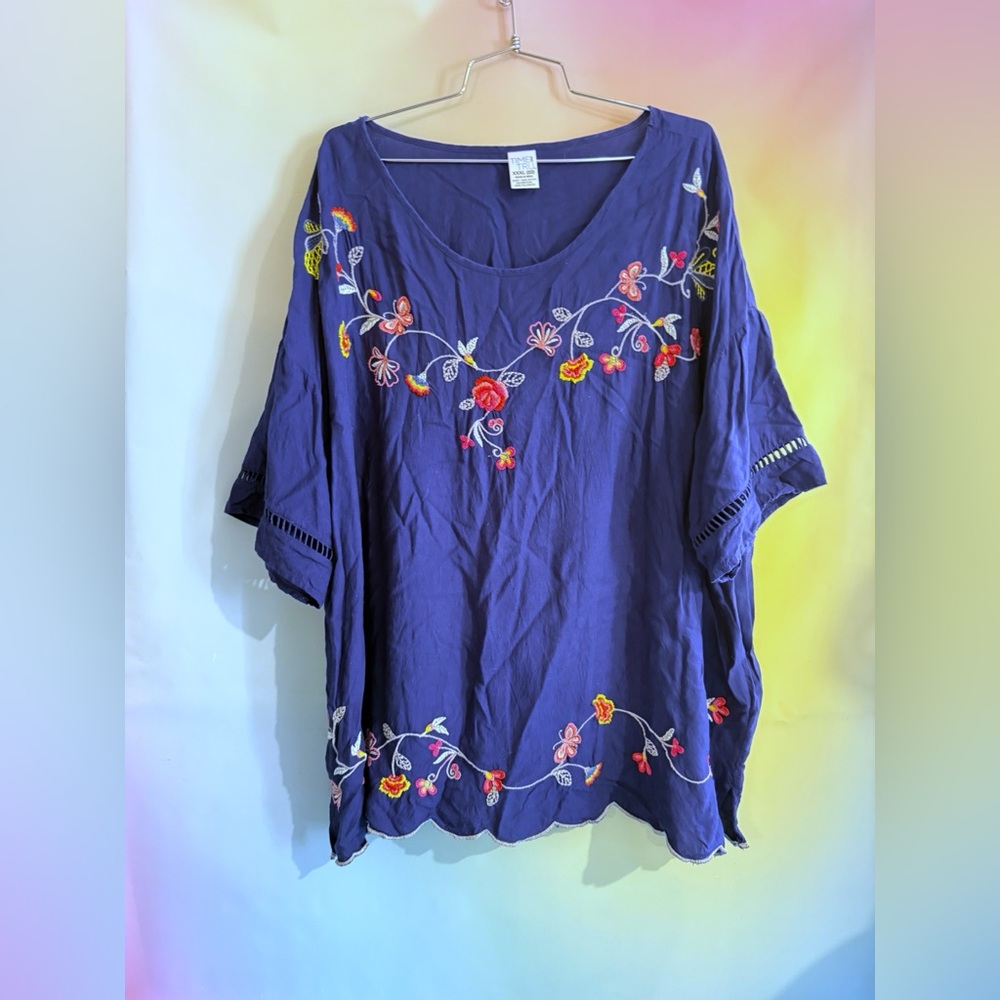 Time and Tru Navy Blue Floral Embroidered Tunic
